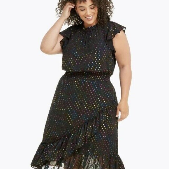 Kacey Shimmer Dot Faux Wrap Midi Dress - Picture 1 of 7